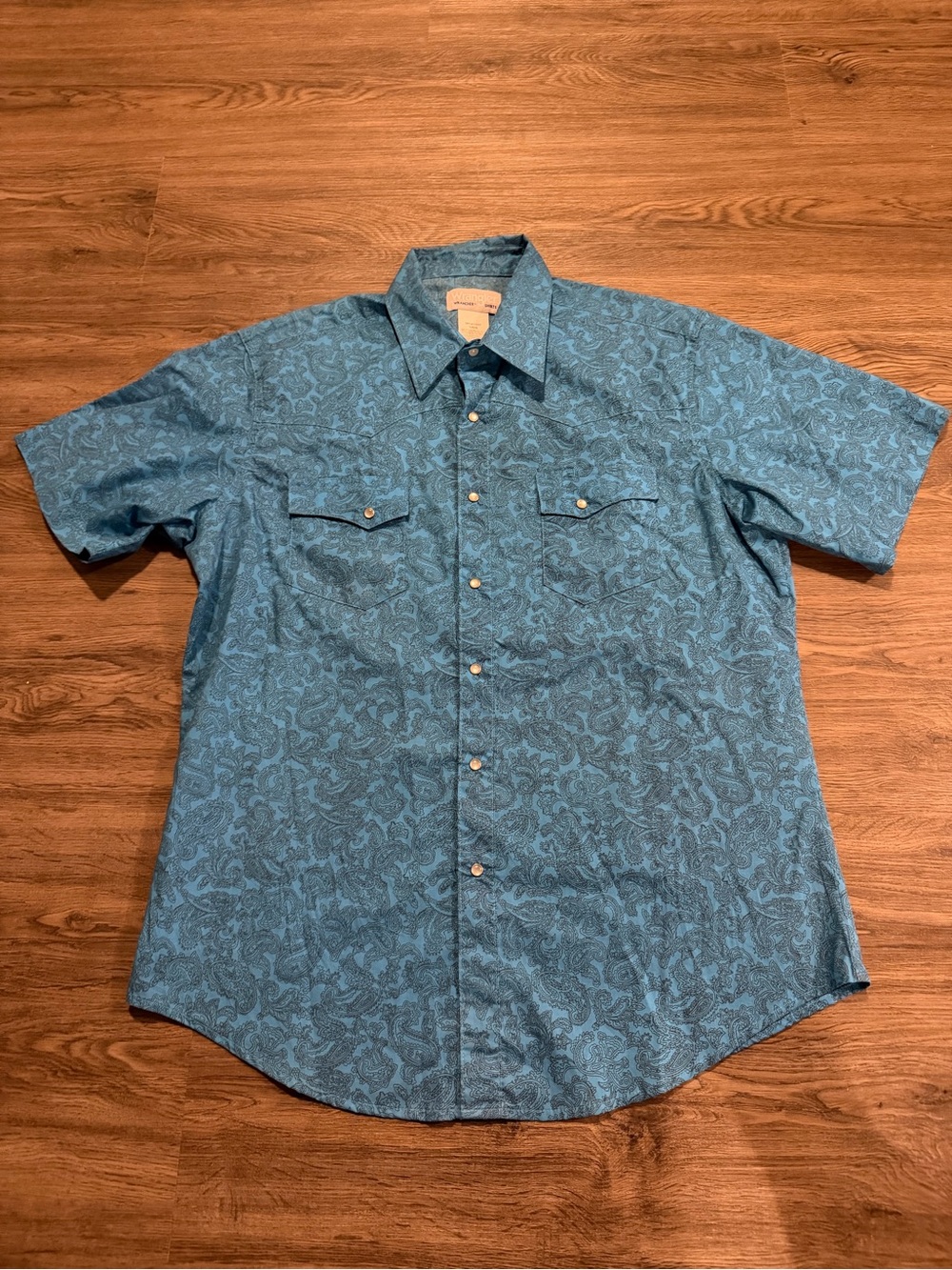 Wrangler Wrancher Shirt Mens Large Snap Pearl Blue Paisley Western Short Sleeve